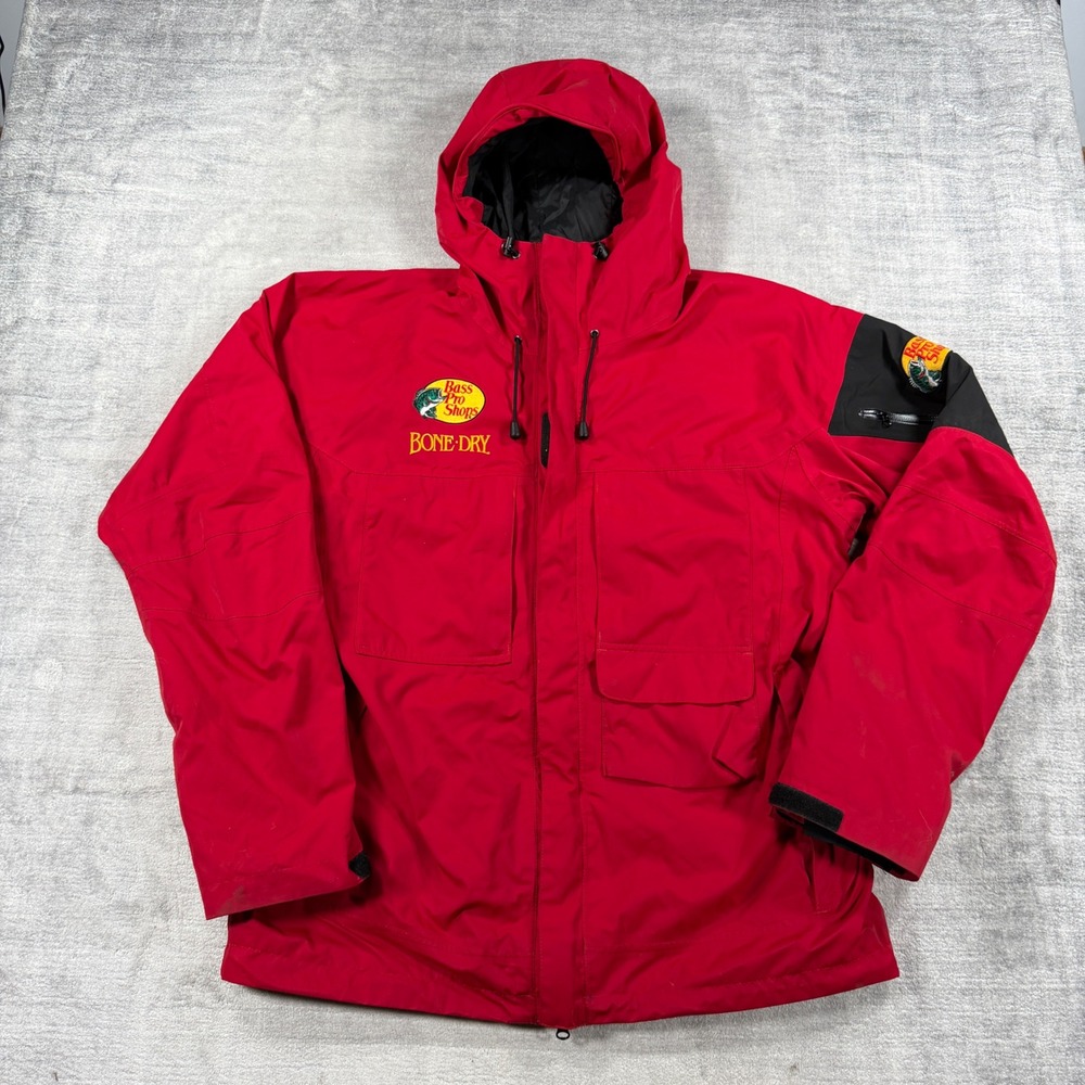 Bass Pro Shops Jacket Mens Large Tall Red Bone Dry Hooded Waterproof Fishing